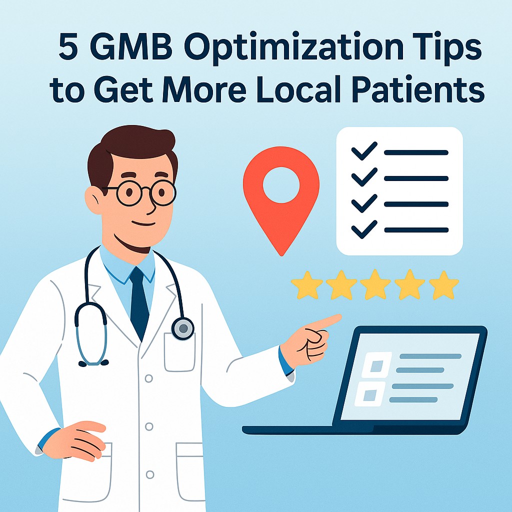 A doctor standing beside a Google Maps pin with checklists and a glowing 5-star review graphic.