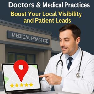 A doctor in a white coat pointing at a laptop screen showing a Google Maps pin with 5-star reviews