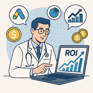 Doctor tracking digital marketing ROI with graphs, Google Ads, and financial symbols on a laptop for patient growth